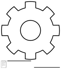 Large gear surrounded by minimal elements including a document outline. Ideal for process, automation, productivity, planning, efficiency, documentation, and workflow themes. Flat simple metaphor