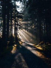 Naklejka premium Sunlight streaming through trees onto a peaceful forest path in the early morning