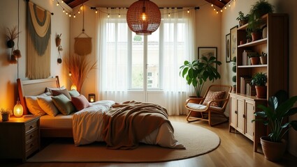 cozy bohochic bedroom features a wooden bed, white bedding, brown pillows, and woven decor. Potted plants add life, while wicker lamps and sheer-curtained windows complete the relaxing ambiance