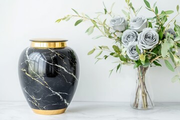 Elegant black marble urn beside a bouquet of gray roses on a light surface
