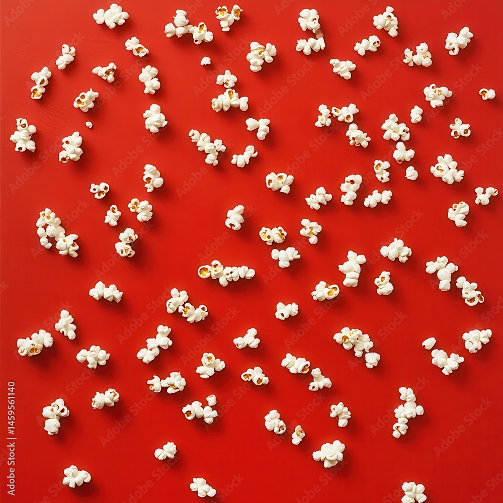 Aufkleber scattered kernels of fluffy, popped corn on a vibrant, plain red backdrop, creating a textural and m