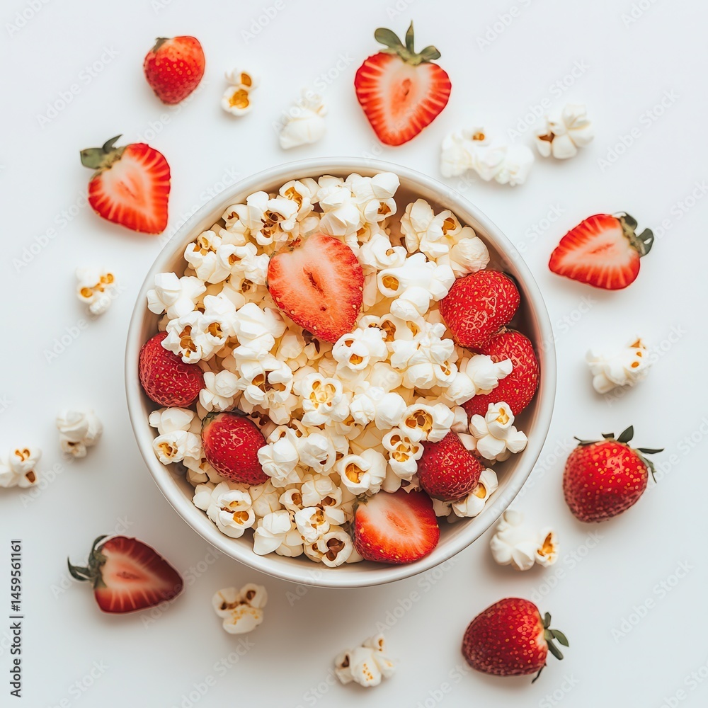 Poster an overhead shot shows popcorn with fresh strawberries in and around a bowl against a plain backgrou