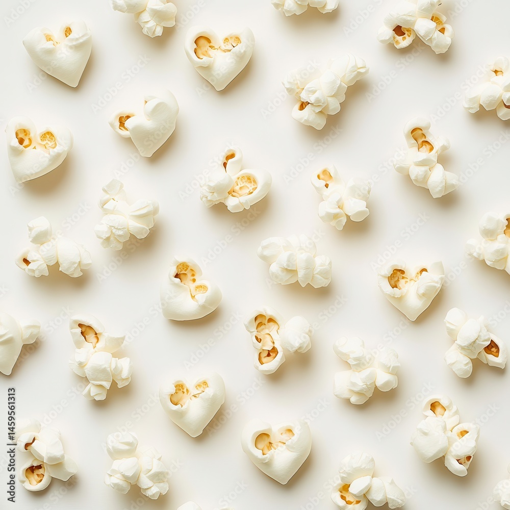 Aufkleber Heart-shaped and standard popcorn pieces are scattered across a white surface, creating an inviting and playful pattern of snacks.