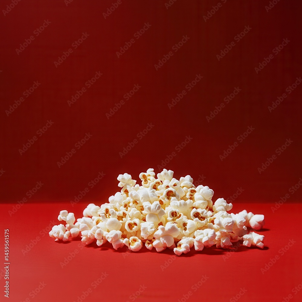 Poster a mound of fluffy white popcorn rests against a bold red backdrop, casting a playful shadow and invi