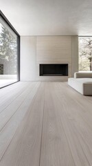 Fototapeta premium Modern minimalist interior with fireplace and wooden floor