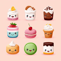Adorable cartoon desserts with smiling faces, including ice cream, cake, and macarons