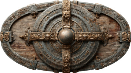 Ancient Shield's Resolute Defense: A detailed view of a weathered, ornately crafted shield, showcasing an intricate design and a sense of historical fortitude.