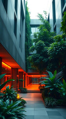modern brutalism building with lush greenery, created by generative ai