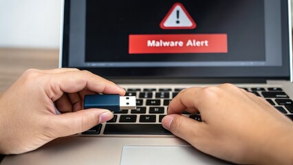 graduation ceremony stage family. Hands inserting a USB drive into a laptop displaying a malware alert, highlighting cybersecurity concerns.