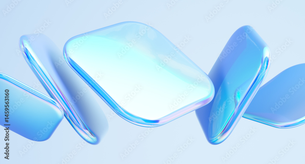 Poster Glossy shapes with colorful reflections. 3d rendering illustration.