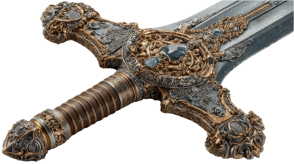Ancient Artifact: A close-up shot of an antique sword with intricate detailing, its aged appearance hints at tales of valor and history.