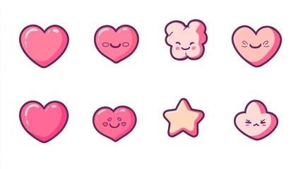 Cute pink hearts, stars, and cloud-like shapes with kawaii faces
