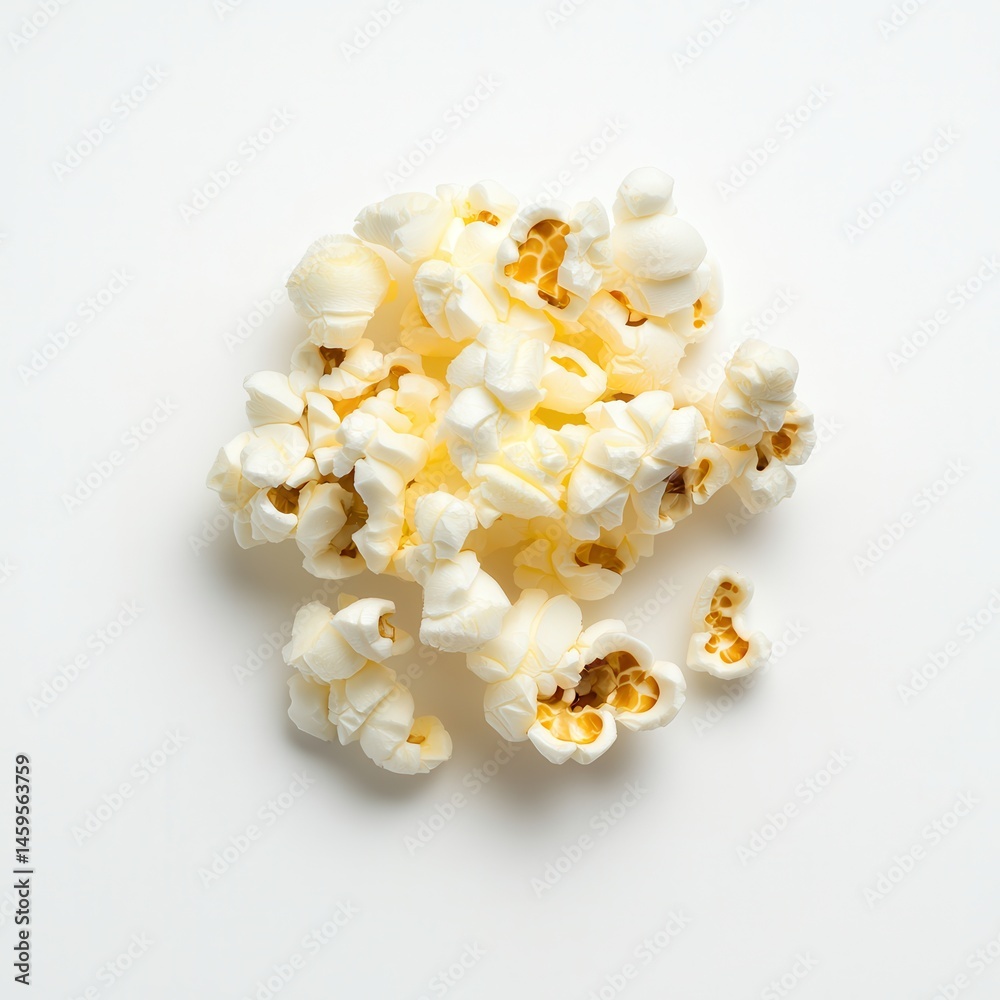 Poster a heap of fluffy, freshly popped popcorn against a plain white background, offering a simple yet app
