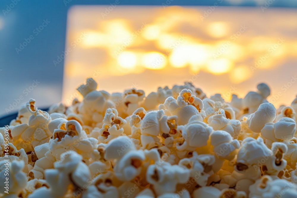 Poster Close-up of fluffy popcorn against a blurred backdrop featuring a blend of warm and cool hues, creating a sense of indulgence and comfort.