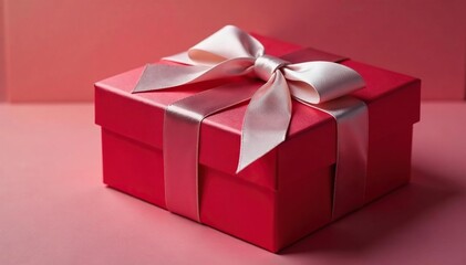 Obraz premium Crimson satin box, silver bow, soft inner light, bow, festive, precious