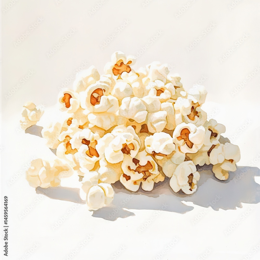 Poster A heap of fluffy, freshly popped kernels, creating a delightful snack scene against a stark, bright background and soft shadows.