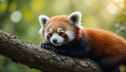 Fototapeta premium Adorable Red Panda Resting on Tree Branch in Lush Green Forest