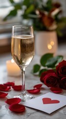 Celebratory setting with champagne, red roses, and a heart shaped card for a romantic occasion