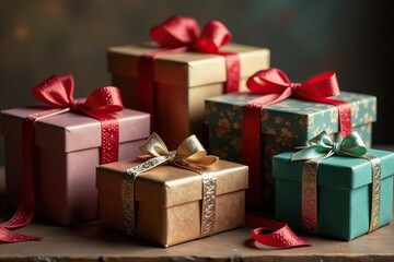 Obraz premium Array of vintage boxes, ornate ribbons, gentle glow , green, brown, retro