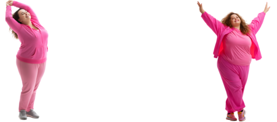 two happy, carefree plus size women in pink sportswear enjoying good mood; plus size sports fashion concept; people isolated over transparent (white) background