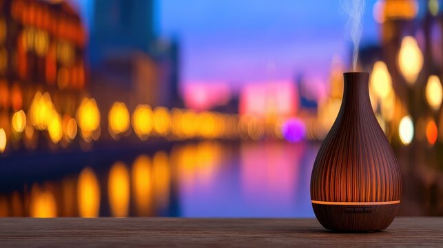 Elegant diffuser emitting steam at twilight, with a vibrant city skyline and blurred lights