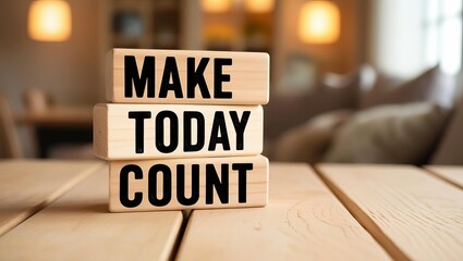 Wooden blocks with "MAKE TODAY COUNT" in bold letters sit on a wooden table in a cozy, softly lit room.