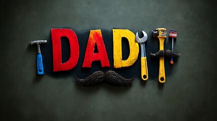 A creative father's day arrangement with dad letters and tools on a dark background surface