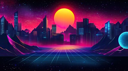 Futuristic cityscape bathed in vibrant sunset hues, featuring towering buildings, stylized mountains, and a glowing sun.  A gridded platform stretches across the foreground