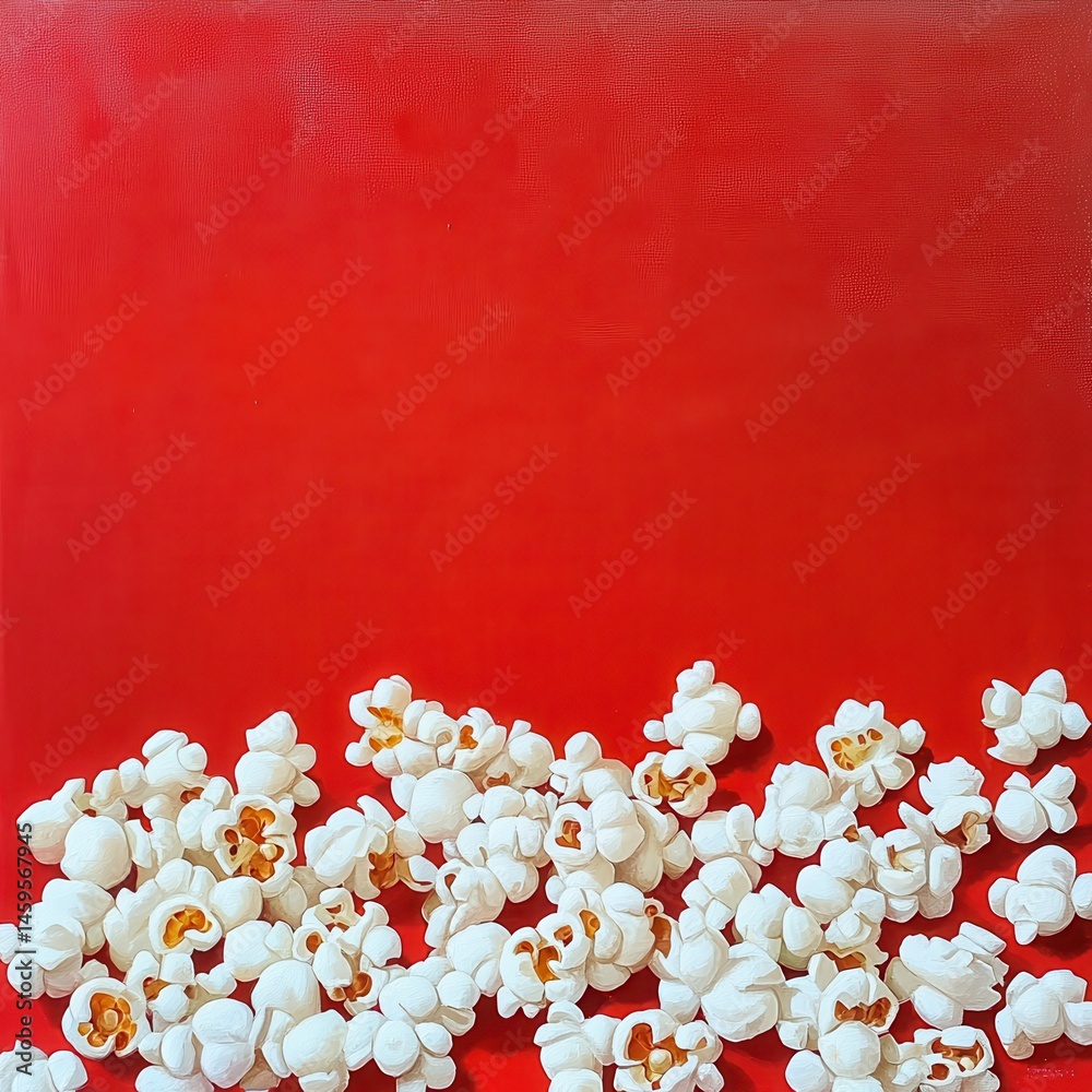 Poster popcorn kernels scattered on a vibrant red surface. crispy, airy snacks perfect for movie night, cre