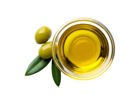 olive oil and olives in glass bowl on transparent background
