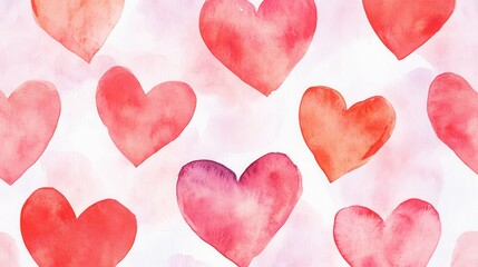 Obraz premium A pattern of various watercolor hearts in shades of red on a white background.