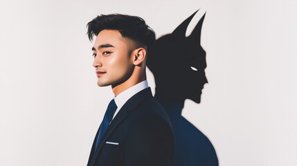 25歳の日本人の男性がスーツを着て立っています。男性の影が悪い表情をしていて二面性を表現した画像