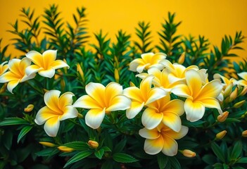 Obraz premium Vibrant yellow & white blooms, lush green foliage against sunny yellow backdrop, beauty, petals