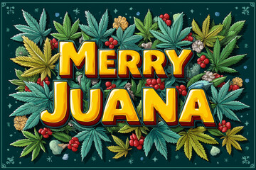 Merry Juana greeting card with cannabis leaves illustration in green and yellow colors