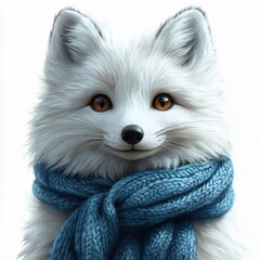 Obraz premium Charming Arctic Fox with White Fur & Scarf: Cute Animal Portrait & Playful Winter Illustration