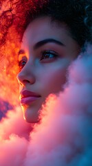 a woman with red hair and blue eyes is surrounded