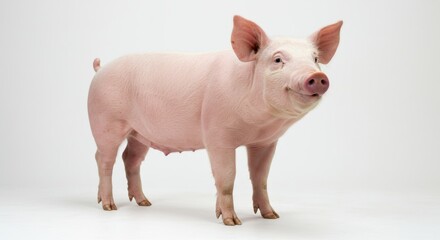 Adorable pink pig portrait on white background, showcasing its healthy skin, expressive face, and endearing posture, ideal for agriculture, farm, and animal-themed projects
