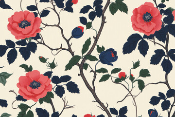Red roses are blooming, and dark blue rose buds are sprouting on the vines. A delightful close-up of a floral wallpaper pattern