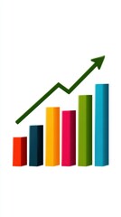 Colorful bar graph displaying growth and positive trend with a green arrow pointing upwards on a white background to indicate progress