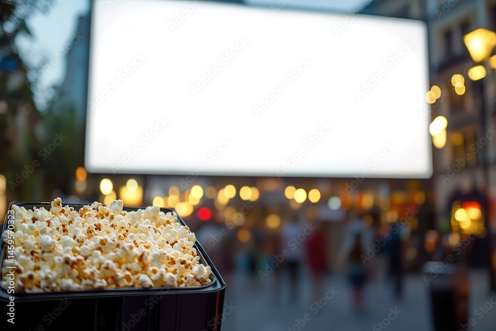 Poster a bucket of popcorn sits in front of a large, blank outdoor movie screen surrounded by blurred light