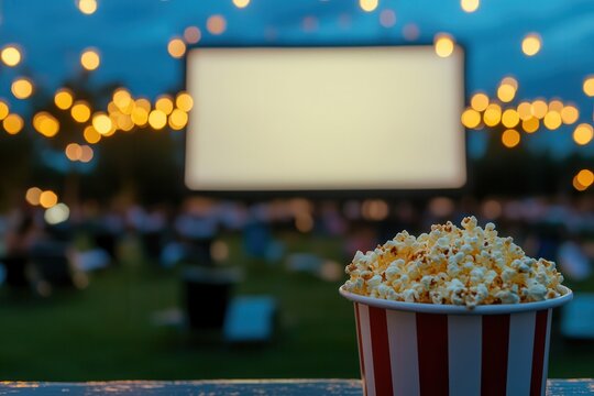 Popcorn at outdoor movie night. Summer entertainment concept, perfect for evenings under the stars with friends and family. Food, fun, and film!