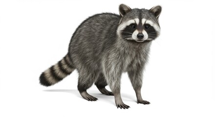 Obraz premium Adorable raccoon standing alert in a full shot, showcasing its distinctive facial mask, striped tail, and fluffy gray fur against a clean white background, perfect for wildlife and nature themes