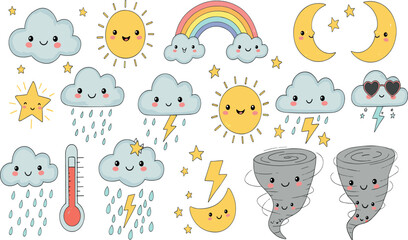 Cute weather characters. Cartoon funny season forecast emotion elements. Kids sun, happy rainbow, snowy cloud in hat, rain with umbrella on white background.