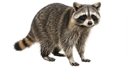 Fototapeta premium Adorable Raccoon Standing Alert on White Background, Ready for Mischief, Wildlife Portrait with Detailed Fur and Expressive Eyes, Perfect for Nature and Animal Lovers