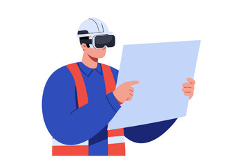 A construction worker uses VR goggles to examine blueprints, showcasing innovative technology in a professional setting. Clear, modern illustration.
