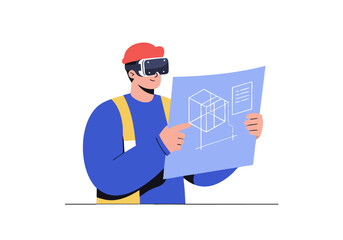 A construction worker wearing a hard hat and VR goggles examines a 3D architectural blueprint. Modern illustration, clean design, professional.