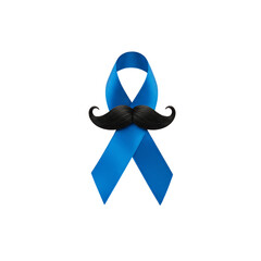 A blue ribbon with a black mustache on a solid black background