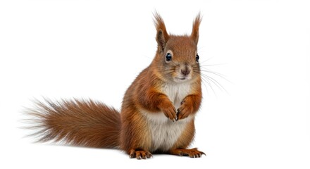 Fototapeta premium Adorable red squirrel portrait standing upright on a white background, showcasing its fluffy tail, curious gaze, and endearing paws in a charming wildlife image