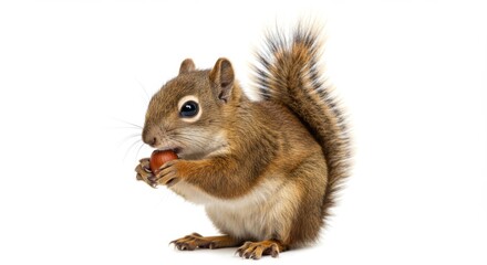 Obraz premium Adorable Squirrel Enjoying a Nut on a White Background Perfect for Wildlife and Nature Themed Projects and Educational Materials Featuring Wild Animal and Autumn Season