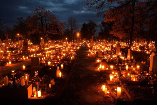 A cemetery at night glows with the soft light of many candles, creating a beautiful and haunting scene.